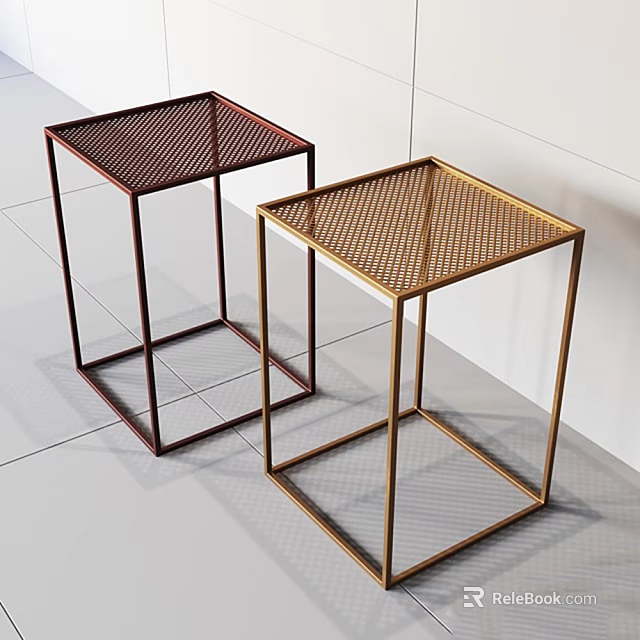 Modern Slim Square Side Tables With Mesh Tabletops And Bronze Gold Metal Frames 3d model