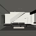 Minimalist Living Room Interior With Black Sofa White Coffee Table Floor Lamp And Staircase
