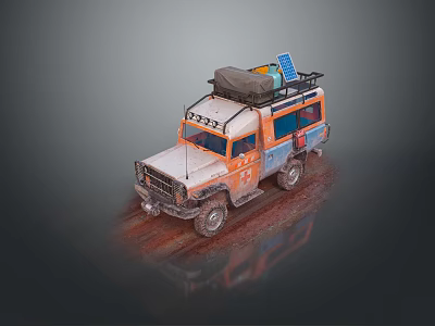 Rugged Orange Blue Off Road Vehicle with Roof Rack Luggage and Solar Panel 3d model