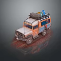 Rugged Orange Blue Off Road Vehicle with Roof Rack Luggage and Solar Panel