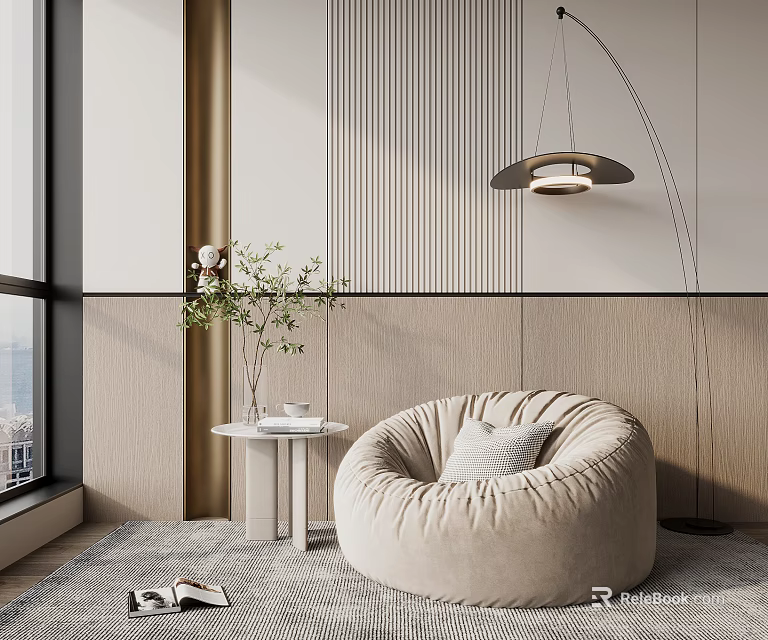 Beige Bean Bag Sofa In Modern Minimalist Room With Small Table Green Plant Floor Lamp 3d model 