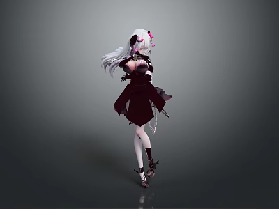 Game Movie Character With Long White Hair Pink Accessories And Dark Gothic Dress 3d model