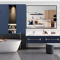 Modern Bathroom Vanity With Double Sinks Marble Countertop Blue Cabinets And Round Stool