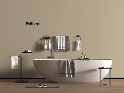 White Freestanding Bathtub in Modern Bathroom with Beige Wall Metal Racks Hanging Towels and Table 3d model