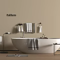 White Freestanding Bathtub in Modern Bathroom with Beige Wall Metal Racks Hanging Towels and Table
