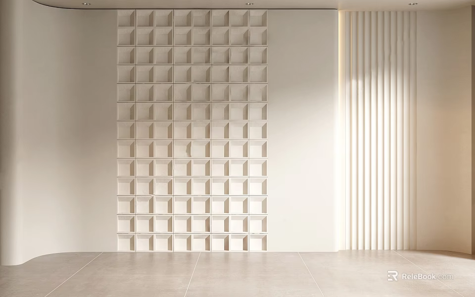 Cream White Modern Minimalist Background Wall With Left Cubic Grid And Right Vertical Stripe Design 3d model 