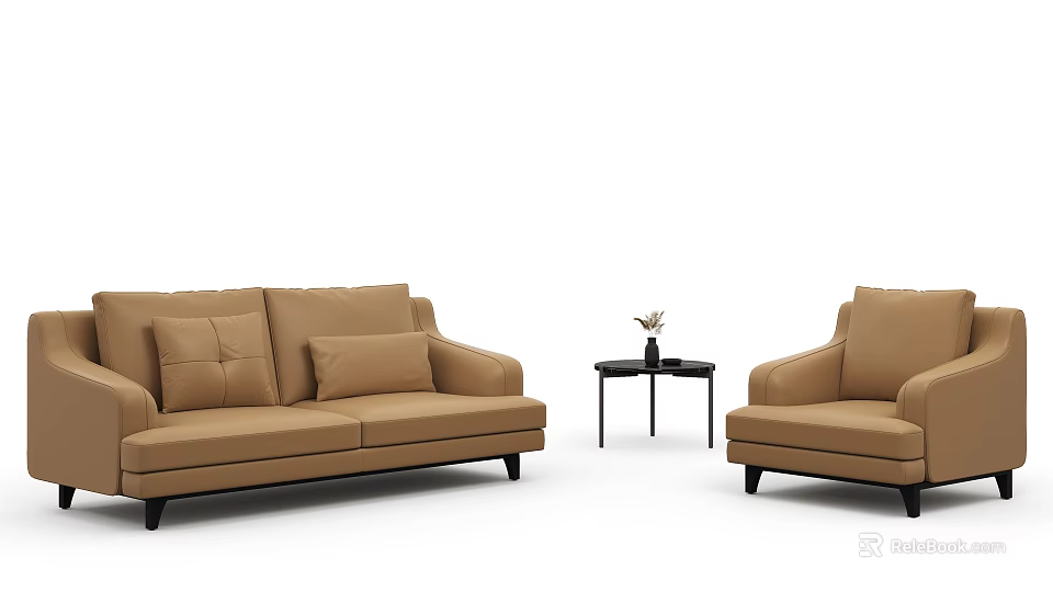 Modern Tan Sofa Set With Three Seater Sofa Single Armchair Side Table And Throw Pillows 3d model