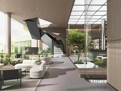 Modern Tea Break Area Interior With Comfortable Seating Green Plants And Glass Ceiling 3d model