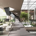 Modern Tea Break Area Interior With Comfortable Seating Green Plants And Glass Ceiling