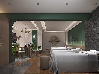 SPA Sauna Interior With Massage Beds Green Plants Natural Decor And Wooden Flooring 3d model
