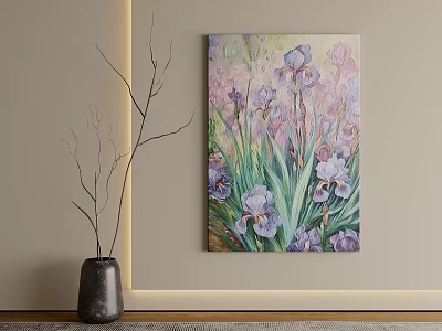 Abstract Painting Featuring Purple And Pink Irises With Green Leaves As Wall Art Decor 3d model