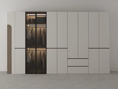 Modern White Closet Design With Glass Door Hanging Area And Drawers 3d model