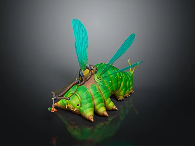 Green Caterpillar With Blue Wings And Small Rider On Back Fantasy Creature Design 3d model