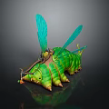 Green Caterpillar With Blue Wings And Small Rider On Back Fantasy Creature Design