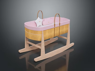 Baby Cradle With Wooden Base Yellow Pink Woven Body And Small Pillow Handles 3d model