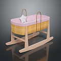 Baby Cradle With Wooden Base Yellow Pink Woven Body And Small Pillow Handles