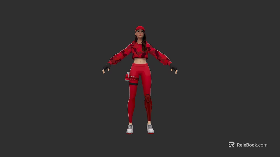 Female Game Movie Character In Red Plaid Top Tight Pants Cap Black Gloves White Shoes 3d model 
