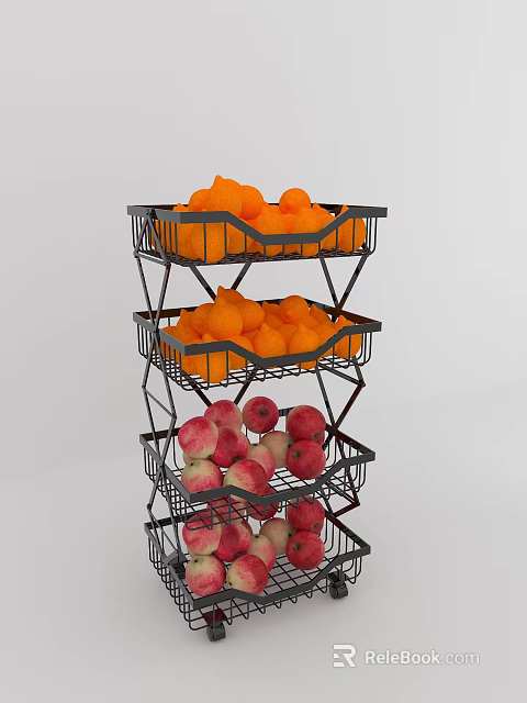 Multi Tiered Metal Fruit Rack With Oranges And Peaches Storage 3d model 