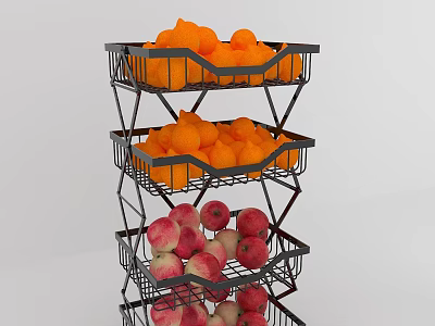 Multi Tiered Metal Fruit Rack With Oranges And Peaches Storage 3d model
