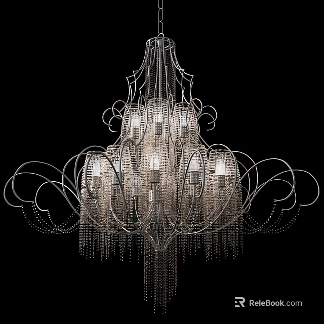 Elegant Chandelier With Intricate Metal Frame Curved Lines Crystal Tassels And Decorative Design 3d model 