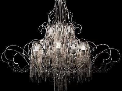 Elegant Chandelier With Intricate Metal Frame Curved Lines Crystal Tassels And Decorative Design 3d model