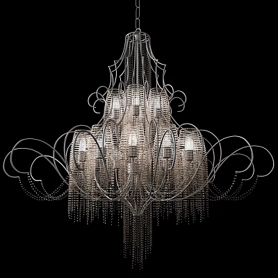 Elegant Chandelier With Intricate Metal Frame Curved Lines Crystal Tassels And Decorative Design 3d model