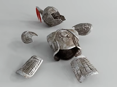 Ancient Silver Armor Fragments Including Helmet Shoulder And Leg Pieces With Red Accents 3d model