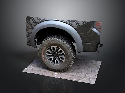 Black Pickup Truck Rear View With Large Off-Road Tires Silver Fender Flares On Brick Pavement 3d model