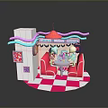 Scenic Pink White Outdoor Café Spot With Parasol Neon Signs And Checkered Floor