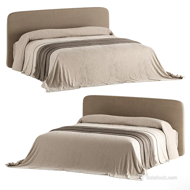 Modern Background Double Bed with Upholstered Headboard Beige Striped Bedspread and Neutral Tones 3d model 