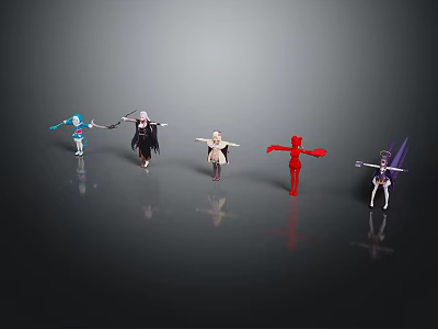 Characters And Creatures With Various Designs Multiple Colors And Different Poses Standing On Dark Background 3d model