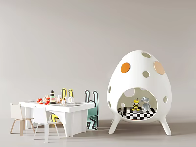 White Kids Table and Chair Set with Colorful Tabletop Items Beside Egg Shaped Play Structure 3d model