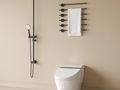 Modern Bathroom Toilet With Wall Mounted Shower Fixture And Black Towel Rack On Beige Wall 3d model