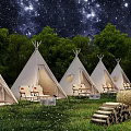 Scenic Camping Site With Starry Night Sky Tipi Tents Grassland Trees And Hay Bales