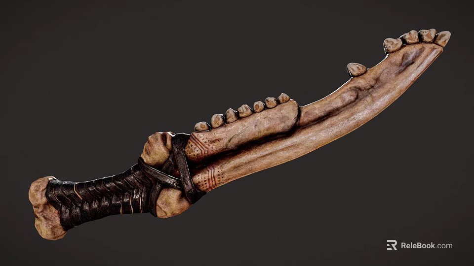 Intricate Carved Bone Weapon Knife With Blade Protrusions And Wrapped Leather Handle 3d model 
