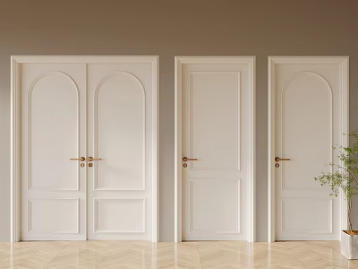 White Doors With Arched Design And Golden Handles On Light Wooden Floor With Green Plant 3d model