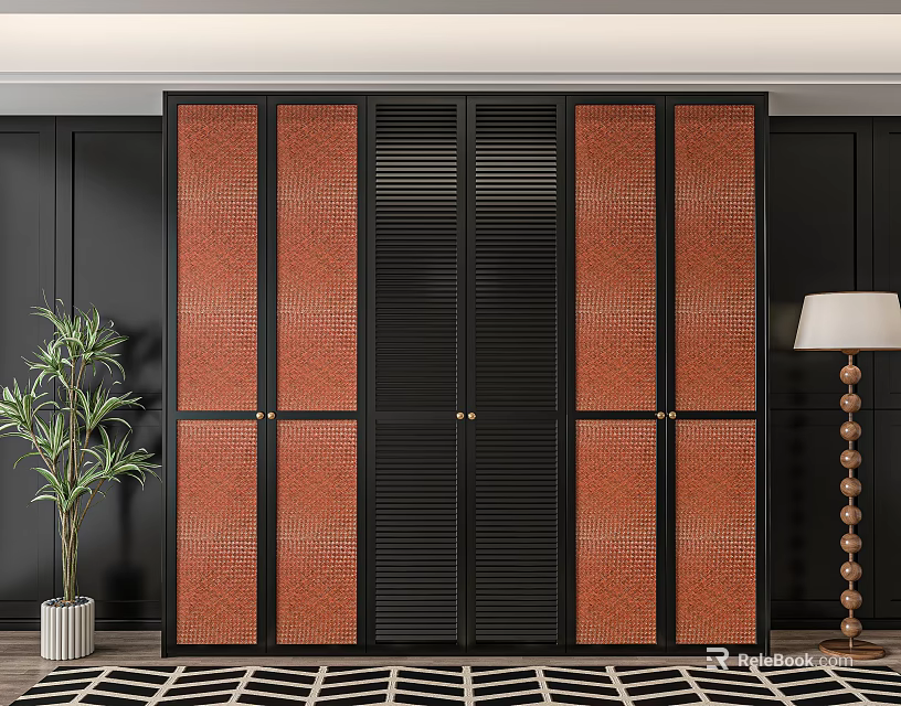 Modern Wardrobe Design With Black Frame And Brown Rattan Panel Doors 3d model 