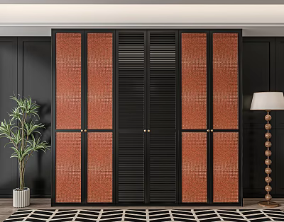 Modern Wardrobe Design With Black Frame And Brown Rattan Panel Doors 3d model