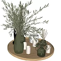 Dark Green Striped Vase with Green Foliage on Wooden Tray and White Candles Small Diffuser