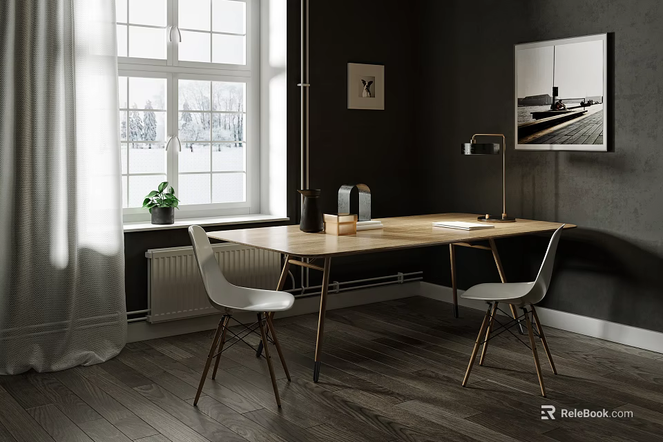 Modern Wooden Desk With Metal Frame White Chairs Table Lamp Window Plant And Wall Art 3d model 