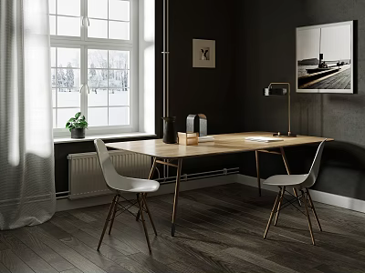 Modern Wooden Desk With Metal Frame White Chairs Table Lamp Window Plant And Wall Art 3d model