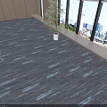 Gray Striped Carpet in Bright Indoor Space with Large Windows City View and Green Plant