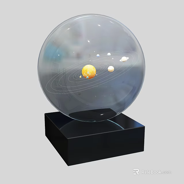 Decorative Ornament Set with Transparent Globe Featuring Planets and Orbits on Black Base 3d model 