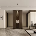 Modern Dining and Living Room Interior With Marble Wall Wooden Accents And Potted Plant