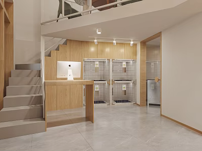 Modern Shopping Mall Store Interior With Wooden Counter Display Cabinets And Staircase 3d model