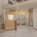 Modern Shopping Mall Store Interior With Wooden Counter Display Cabinets And Staircase
