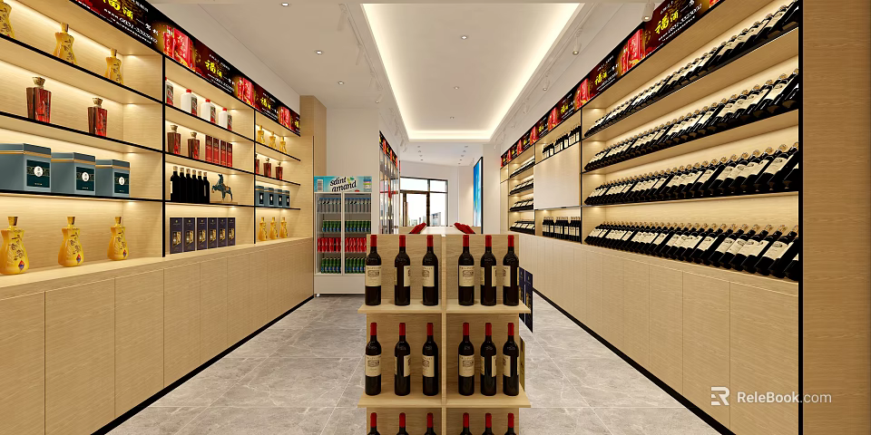Spacious Tobacco and Liquor Store Interior with Shelves Full of Wine Bottles and Tobacco Products 3d model 
