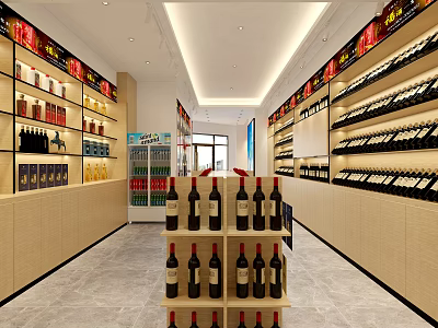 Spacious Tobacco and Liquor Store Interior with Shelves Full of Wine Bottles and Tobacco Products 3d model
