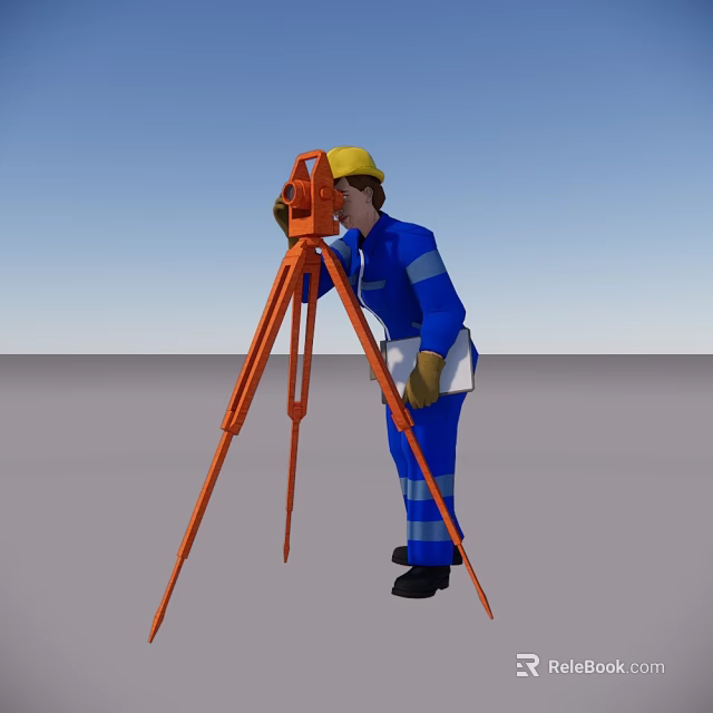 Man in Blue Work Uniform Using Surveying Instrument on Orange Tripod with Yellow Hard Hat 3d model 
