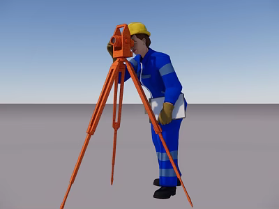 Man in Blue Work Uniform Using Surveying Instrument on Orange Tripod with Yellow Hard Hat 3d model